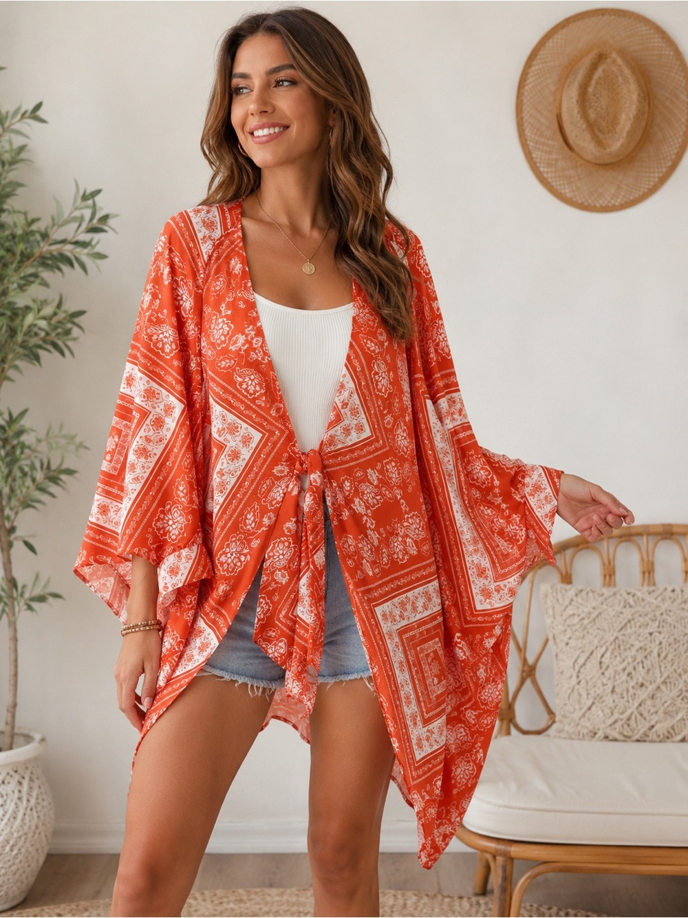K. Jordan One Size Orange White Paisley Kimono Cardigan Cover Up Tie Front Boho